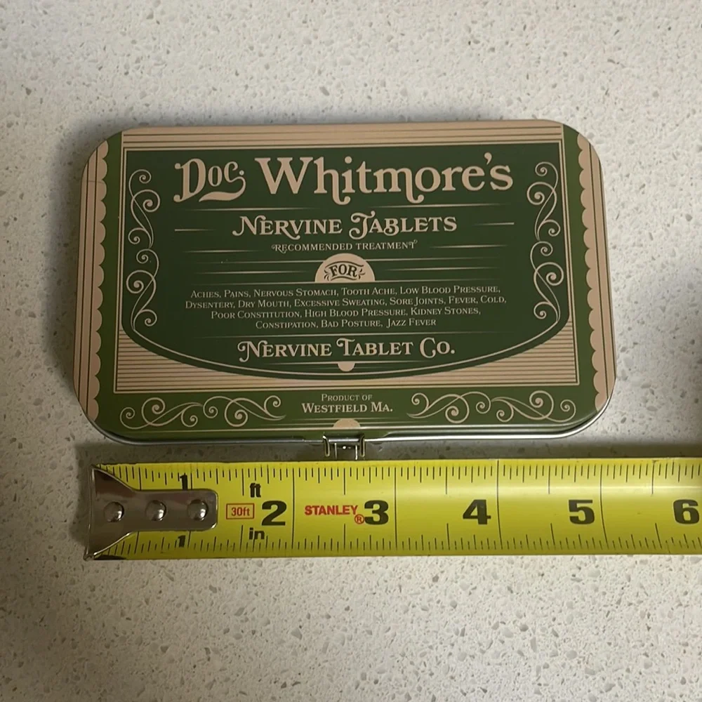 Vintage-inspired Doc Whitmore’s nervine tablets metal trinket tin